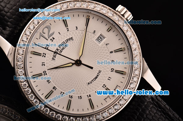 Patek Philippe Calatrava Swiss ETA 2836 Automatic Steel Case Diamond Bezel and Black Leather Strap White Dial with Stick Markers - Click Image to Close